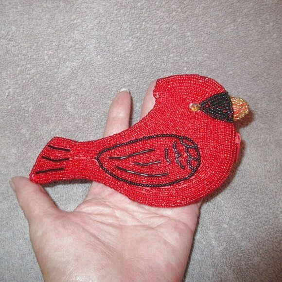 Vintage Red Cardinal Beaded Coin Purse Stash Pouch Lined Zipper Ornate Bird NEW - Picture 2 of 8
